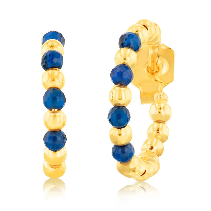 Elegant Gold Earrings For Fine Events-9ct Yellow Gold Created Round Blue Spinel 3/4th Open Hoop Earrings