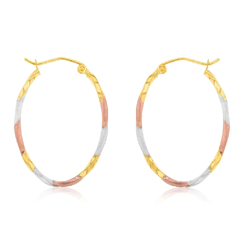 Bold Earrings For High Impact Fashion-9ct Yellow, Rose, White Three Tone Twist Tube Hoop Earrings