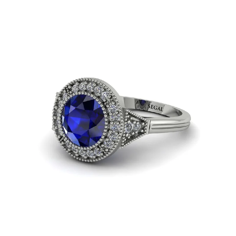 Timeless Platinum Wedding Rings For Lasting Love-Round Cut Sapphire Milgrain Halo Engagement Ring - Maggie No. 15