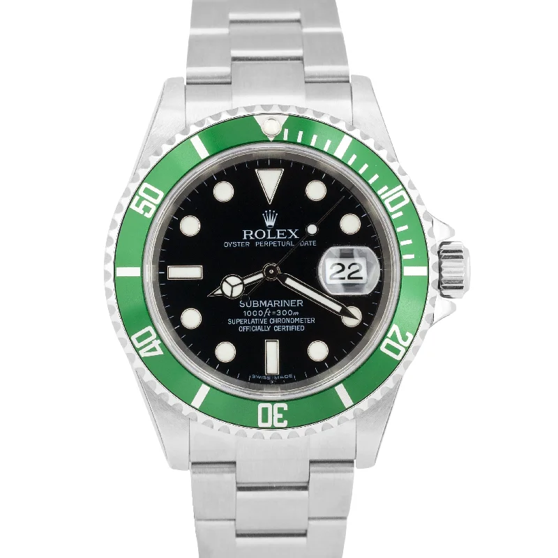 Luxury Solar-Powered Watches For Sustainable Fashion-NOS STICKERED Rolex Submariner Date KERMIT Green Steel 40mm 16610 Watch BOX