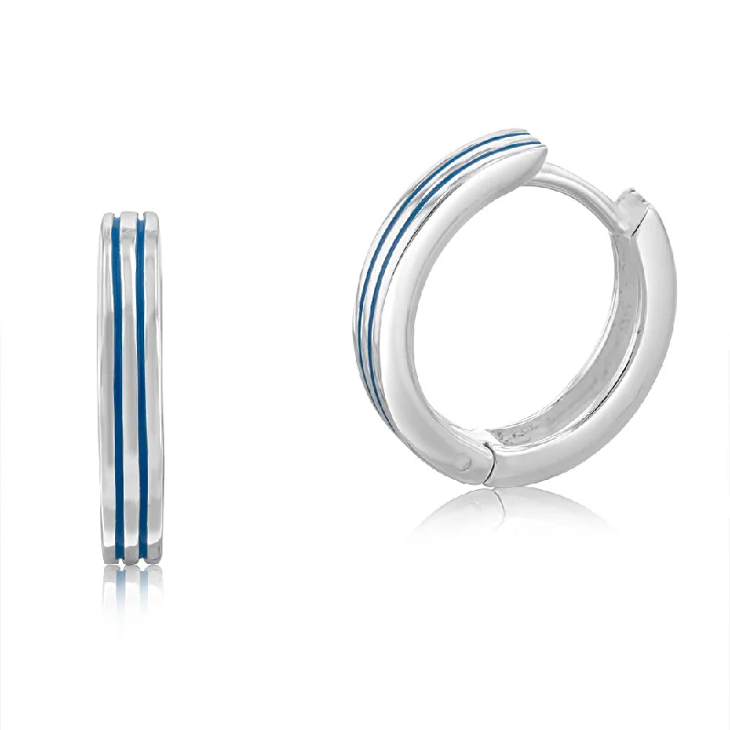 Beautiful Gemstone Earrings For Special Moments-Sterling Silver Blue Striped 15mm Hinged Hoop Earrings