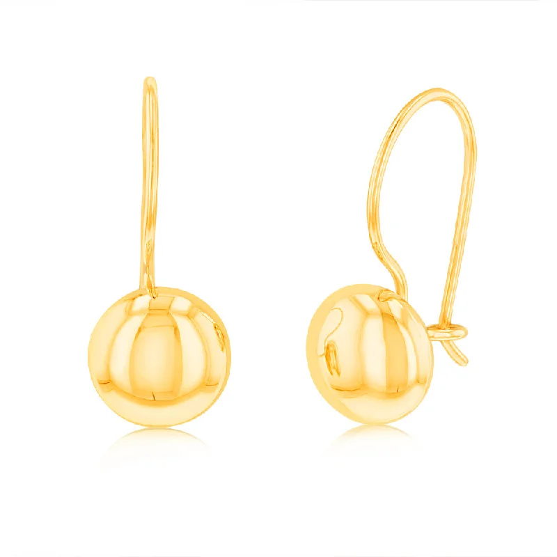 Stylish Earrings For Office Wear-9ct Yellow Gold Polished 6.9mm Flat Euroball Hook Earrings