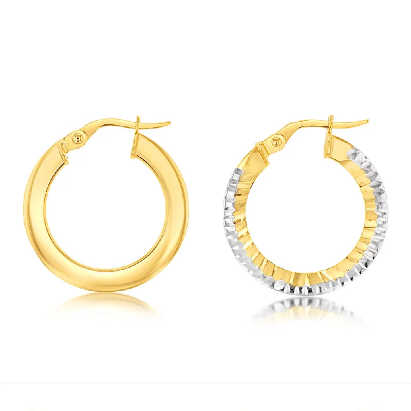 Classic Pearl Earrings For Wedding Glam-9ct Yellow Gold Fancy Diamond Cut Hoop Earrings