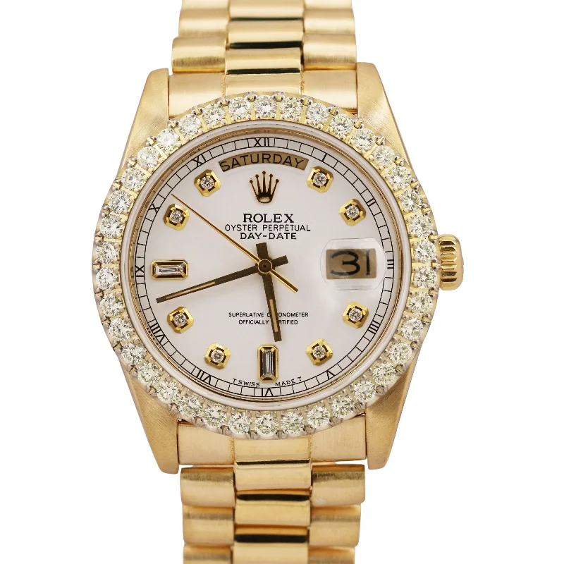 Beautiful Leather Strap Watches For Effortless Glam-1984 Rolex Day-Date President 36mm White DIAMOND 18K Yellow Gold Watch 18038