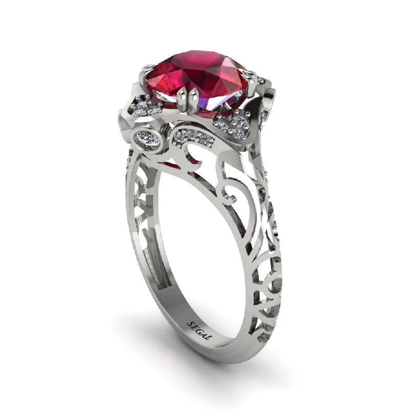 Simple Engagement Bands For Subtle Style-Ruby Ornate Filigree Engagement Ring - Evie No. 12