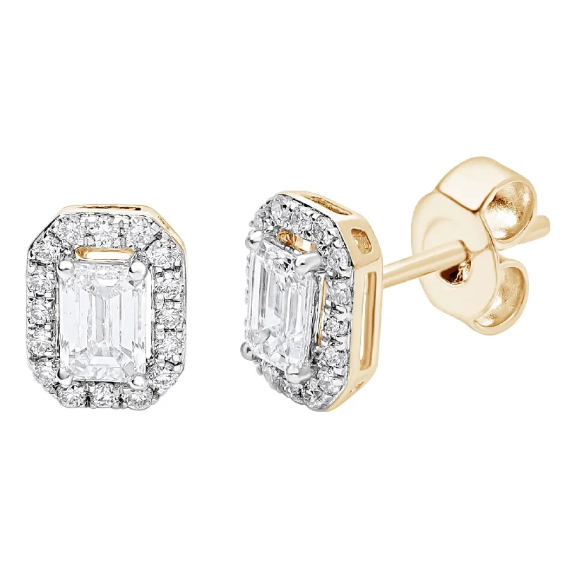 Luxurious Drop Earrings For Formal Gatherings-Yellow Gold Diamond Emerald Cut Halo Stud Earrings