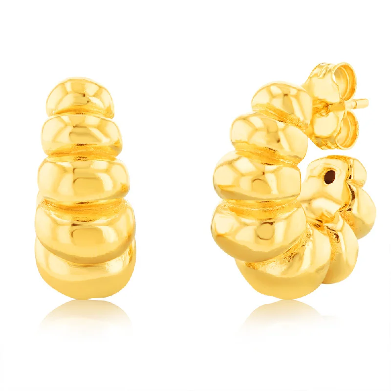 Vibrant Resin Earrings For Bold Fashion-Sterling Silver Gold Plated Ribbed J Shaped 3/4th Hoop Earrings