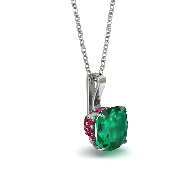 Hidden Halo Cushion Emerald Necklace - Alivia No. 51