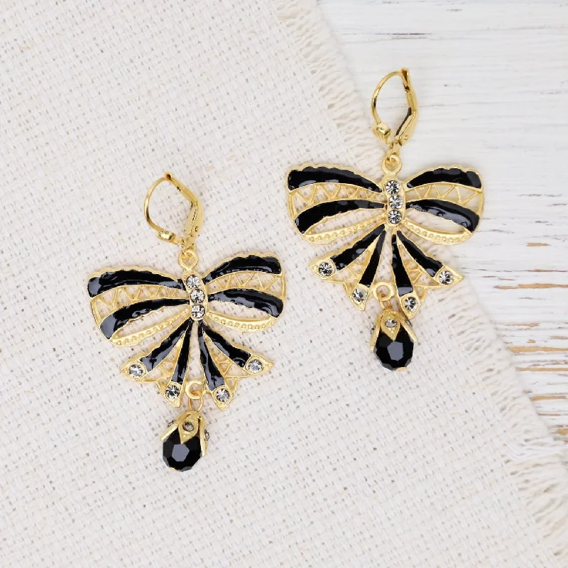 Handcrafted Earrings For Unique Designs-Black Enamel Bow Earrings