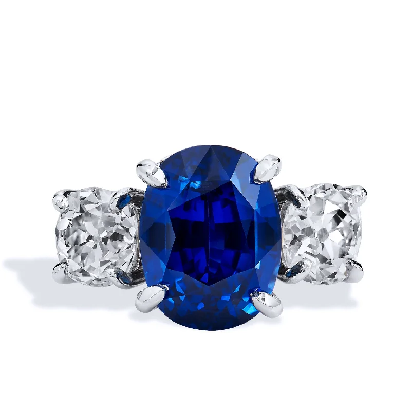 Bold Engagement Bands For Unique Proposals-10.16ct Royal Deep Blue Sapphire and Antique Cushion Diamond Ring