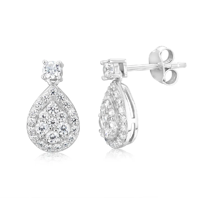 Precious Gemstone Earrings For Classy Fashion-Sterling Silver Rhodium Plated White Cubic Zirconia Pear Shaped Stud Earrings