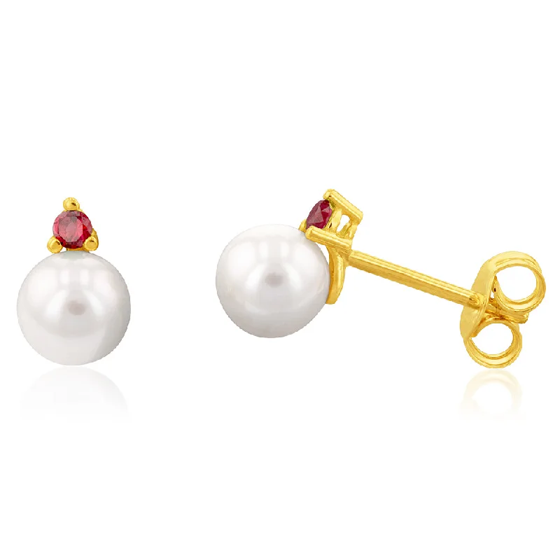 Silver Stud Earrings For Sophisticated Style-9ct Yellow Gold Red Cubic Zirconia Pearl Stud Earrings