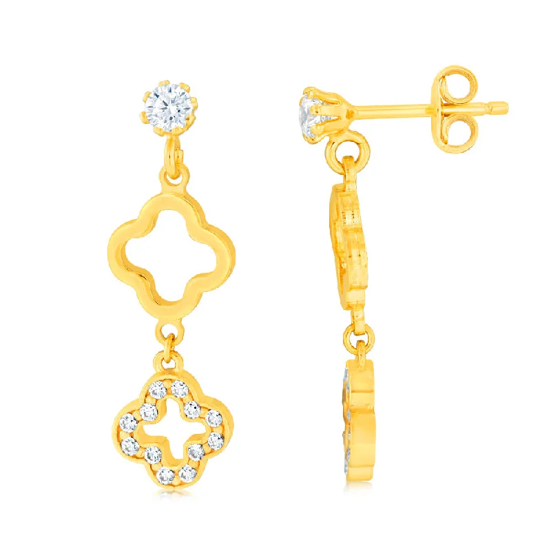 Stylish Drop Earrings For Elegant Fashion-9ct Yellow Gold Silverfilled Zirconia Four Leaf Flower Drop Earrings