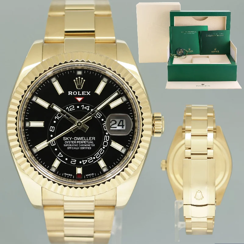 Stylish Travel Watches For On-the-Go Fashion-MINT Rolex Sky-Dweller Yellow Gold 44mm Black Dial 326938 Watch Box