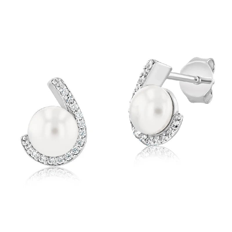 Gold Plated Earrings For Elegant Fashion-Sterling Silver Zirconia And Simulated Pearl Stud Earrings