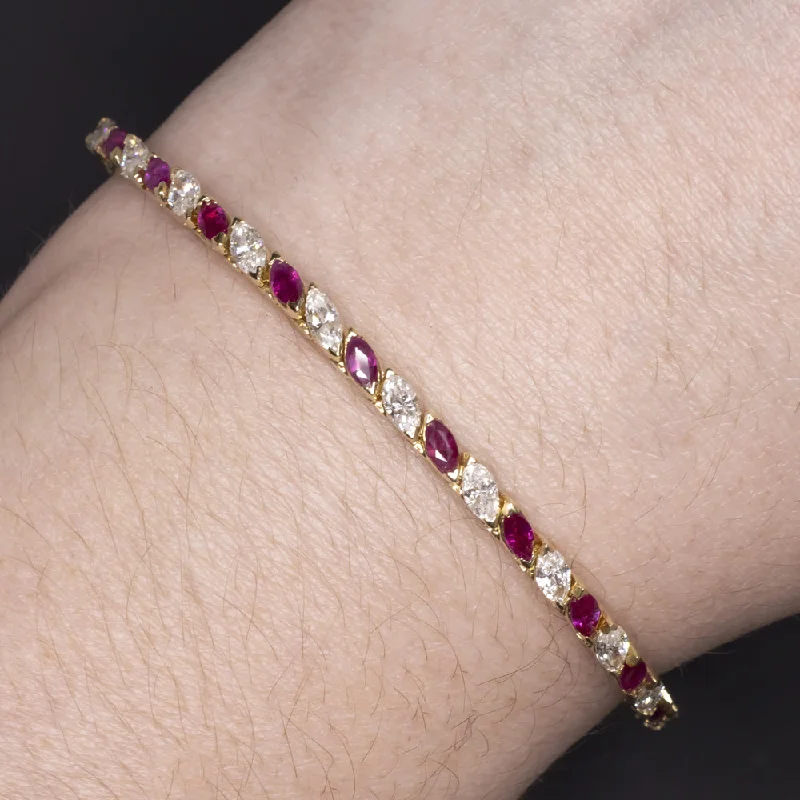 Sparkling Beaded Bracelets For Fun Fashion-6.5 CARAT BURMA RUBY DIAMOND TENNIS BRACELET MARQUISE 14k YELLOW GOLD NATURAL