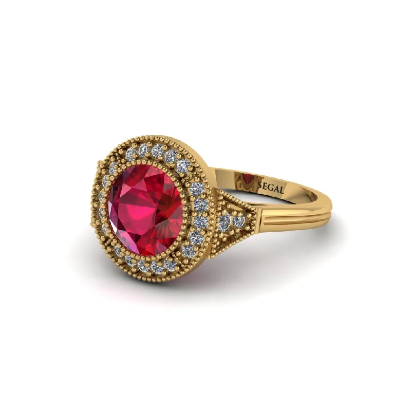 Beautiful Wedding Bands For Elegant Occasions-Round Cut Ruby Milgrain Halo Engagement Ring - Maggie No. 10