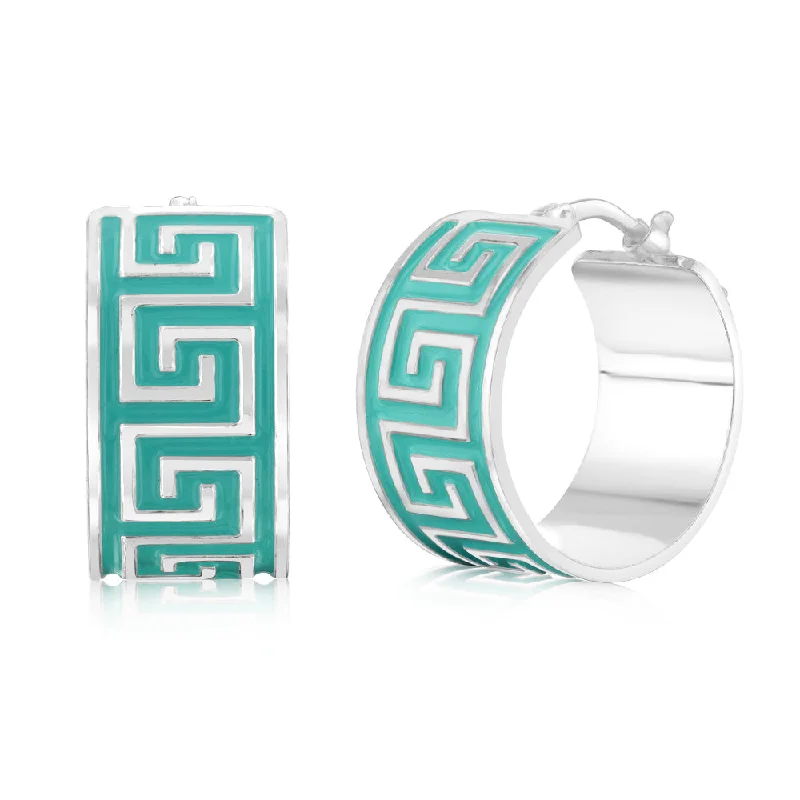 Fashionable Drop Earrings For Special Occasions-Sterling Silver Aqua Enamel Greek Key Wide 18mm Hoop Earrings