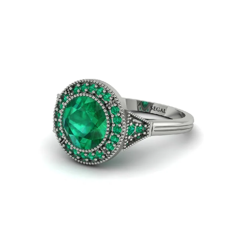 Beautiful Gemstone Rings For Bold Fashion-Round Cut Emerald Milgrain Halo Engagement Ring - Maggie No. 21