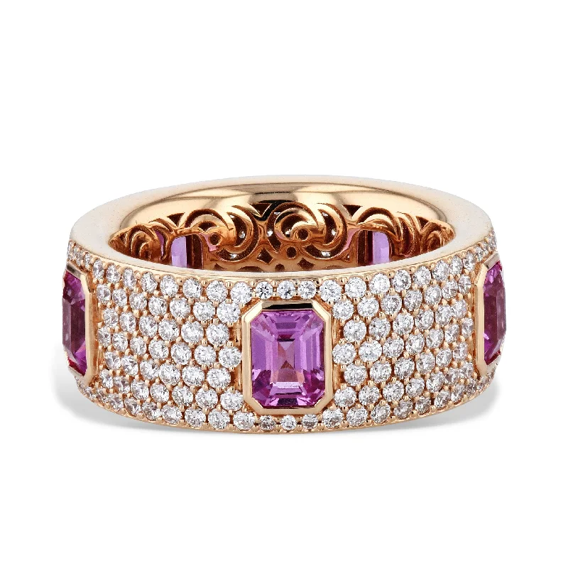 Affordable Gemstone Wedding Rings For Budget Brides-Pink Sapphire Diamond Pave 18K Pink Gold Ring