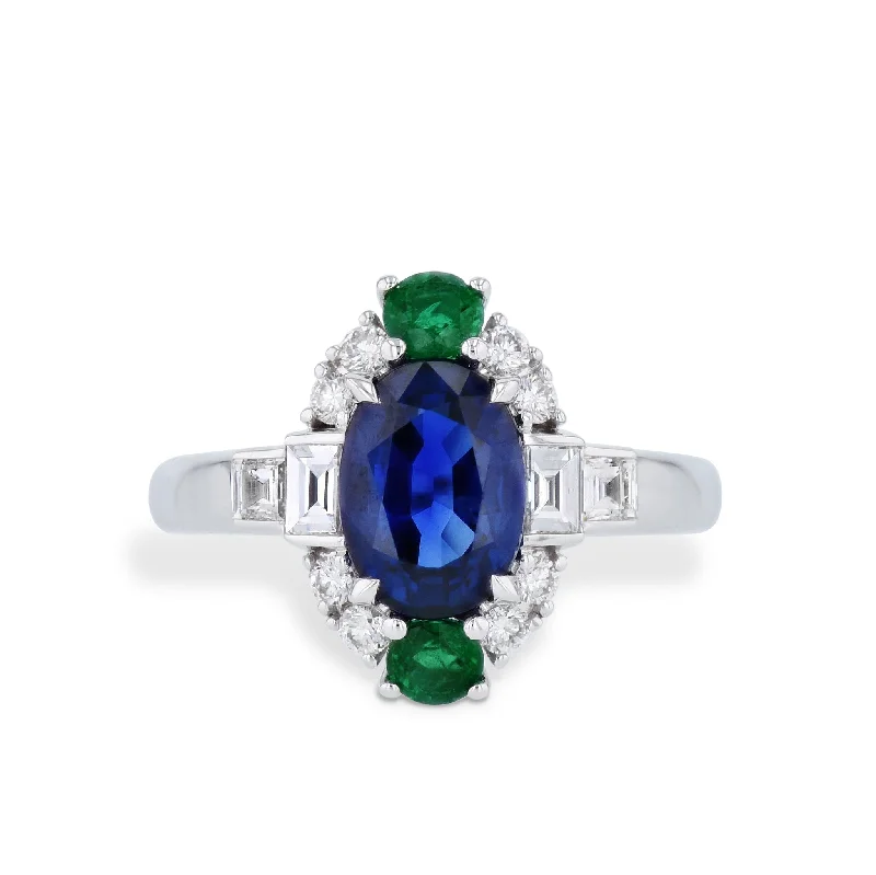 Stunning Emerald Engagement Rings For Brides-Sapphire Diamond and Emerald 18K White Gold Ring