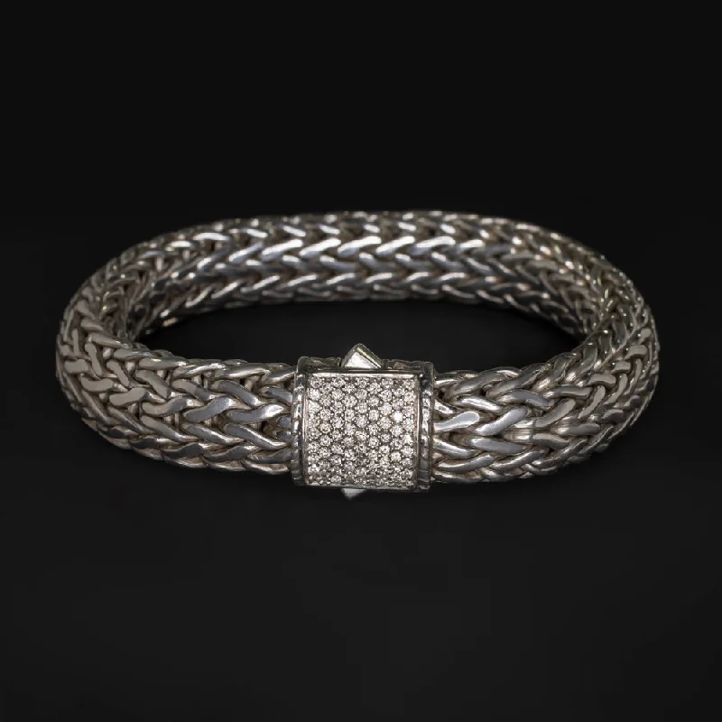 Unique Statement Bracelets For Bold Fashion-JOHN HARDY ICON BRACELET DIAMOND PAVE WOVEN BRAID STERLING SILVER VINTAGE ESTATE