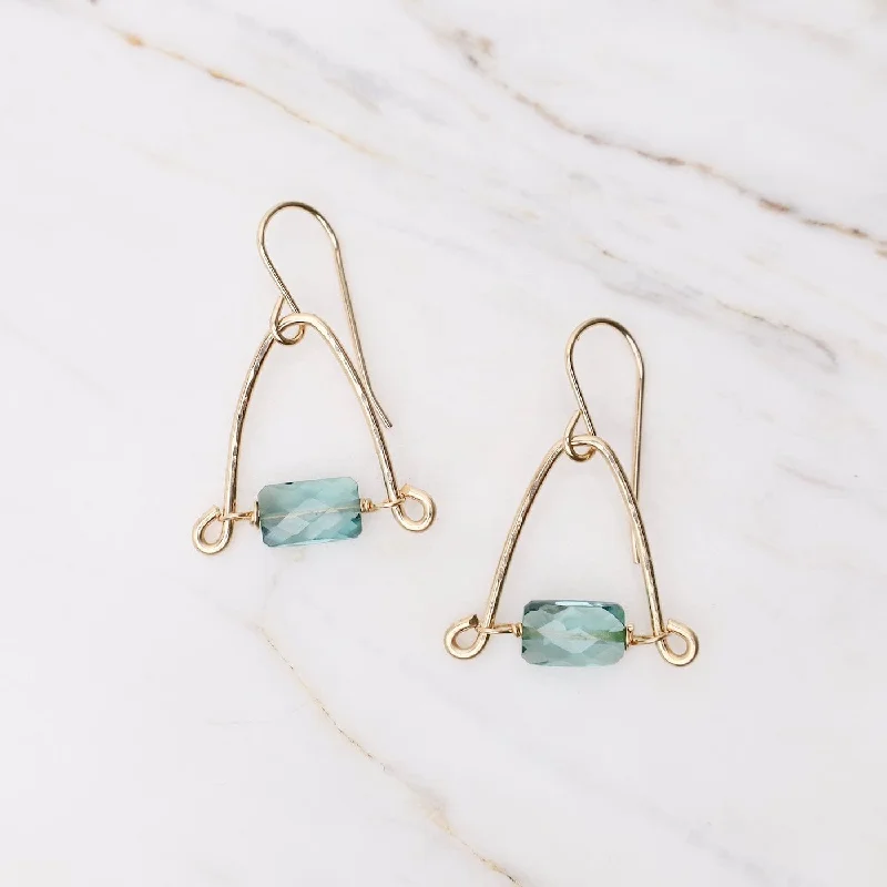 Trendy Earrings For College Students-Hand Forged Arch Earrings with Rectangular Blue Topaz