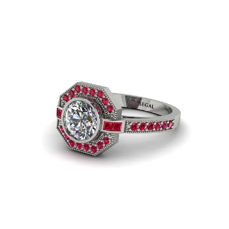 Beautiful Custom Rings For Personalized Gifts-Ruby Octagon Halo Engagement Ring - Leia No. 48