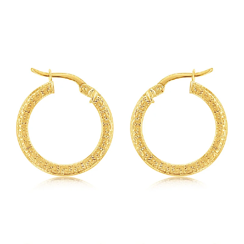 Luxurious Drop Earrings For Formal Gatherings-9ct Yellow Gold Greek Key 15mm Hoop Earrings