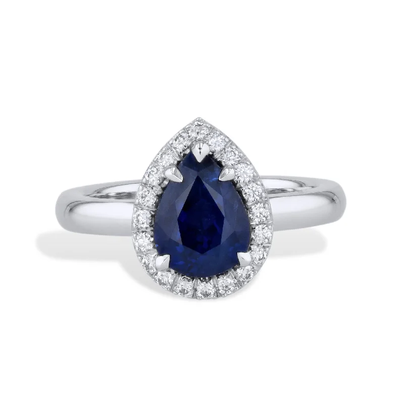 Sparkling Diamond Engagement Rings For Brides-Royal Blue Pear Shaped Sapphire Pave Diamond Platinum Ring