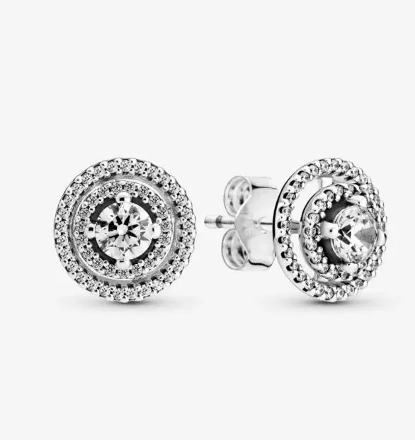 Vintage Drop Earrings For Classic Style-Pandora Sparkling Double Halo Stud Earrings