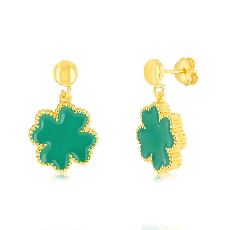 Stylish Earrings For Office Wear-Sterling Silver Gold Plated Green Four Leaf Enamel Flower Drop Earrings