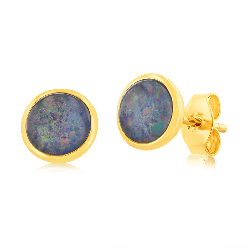 Minimalist Earrings For Everyday Style-9ct Yellow Gold Triplet Opal Bezel Set Stud Earrings