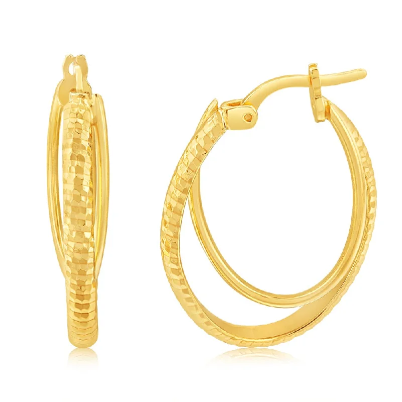 Large Hoop Earrings For Trendy Fashion-Sterling Silver Gold Plated Patterned Double Hoop Earrings