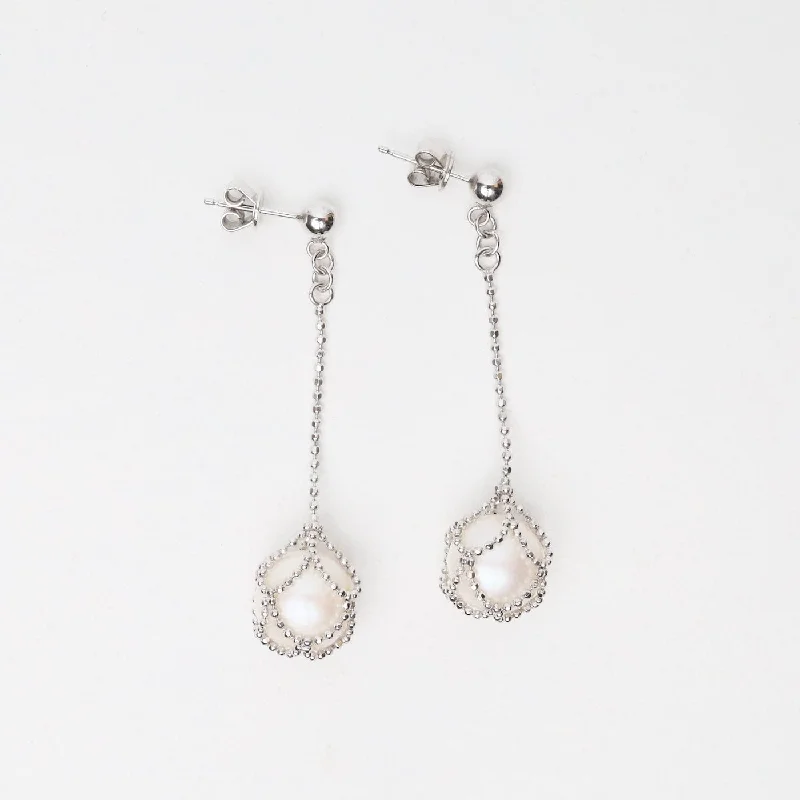 Beautiful Crystal Earrings For Elegant Fashion-Sterling Long Chain with Captured Pearl Drop Earrings