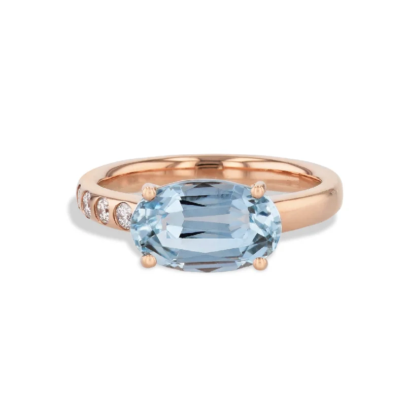 Affordable Gemstone Wedding Rings For Budget Brides-Oval cut Aquamarine Diamond Rose Gold Ring