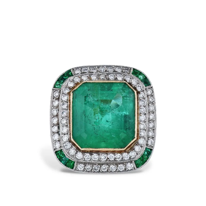 Custom Diamond Rings For Personalized Glam-7.44 Carat Colombian Emerald Gold & Platinum Cocktail Ring