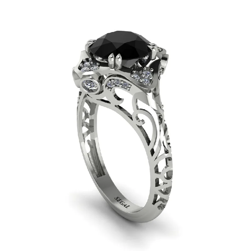 Timeless Gemstone Wedding Rings For Brides-Black Diamond Ornate Filigree Engagement Ring - Evie No. 9