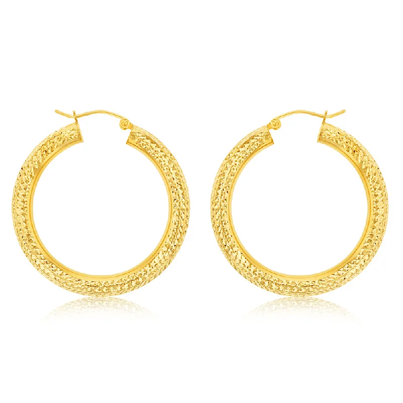 Trendy Gemstone Earrings For Stylish Looks-9ct Yellow Gold Silverfilled Diamond Cut 35mm Hoop Earrings