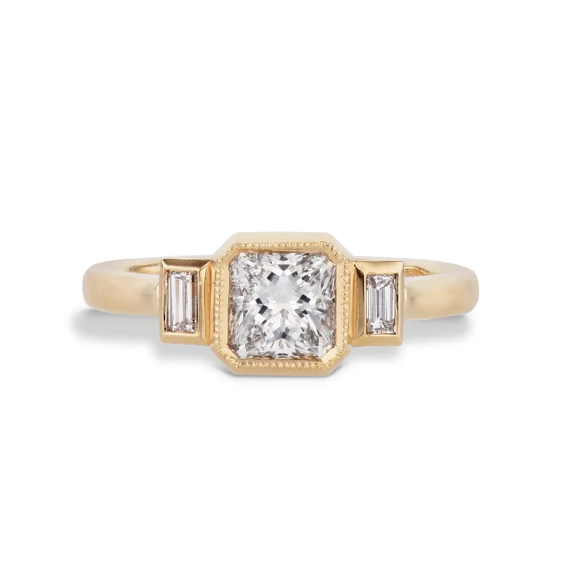 Trendy Stackable Rings For Layered Style-Diamond and Bezel Set Baguette Yellow Gold Engagement Ring