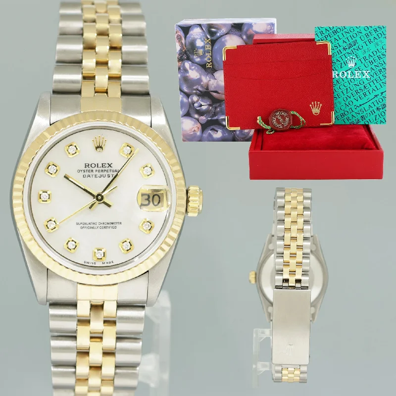 Affordable Smart Watches For Budget-Friendly Style-MINT Ladies Rolex 68273 Two Tone Yellow Gold Fluted Steel 31mm Pearl Diamond Watch