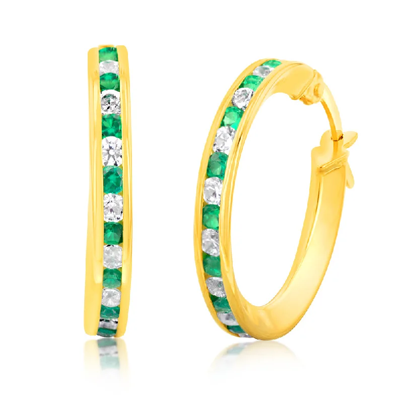 Modern Earrings For Sleek Fashion-9ct Yellow Gold Silverfilled Green CZ 15mm Hoop Earrings