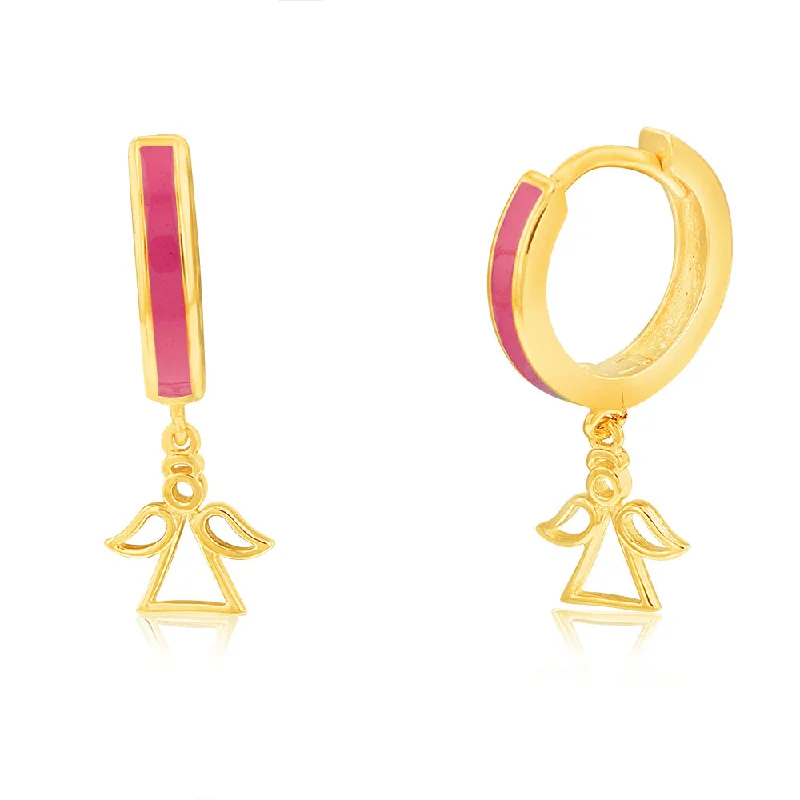 Beautiful Dangle Earrings For Night Parties-9ct Yellow Gold Angel On Red Enamel Sleeper Earrings