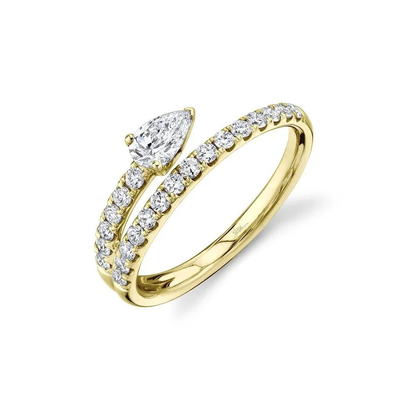 Affordable Engagement Rings For Budget Brides-Pear Shaped 2 Band Yellow Gold Diamond Ring