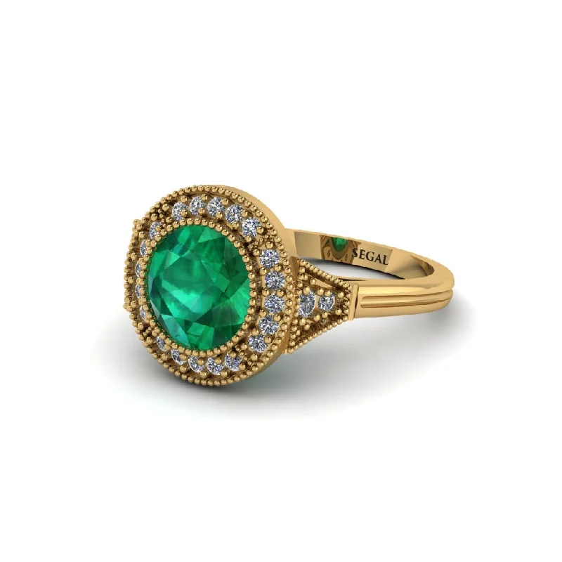 Stunning Rose Gold Wedding Rings For Romantic Glam-Round Cut Emerald Milgrain Halo Engagement Ring - Maggie No. 4