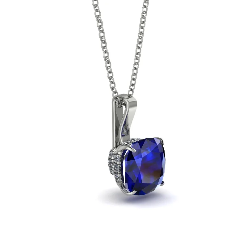 Hidden Halo Cushion Sapphire Necklace - Alivia No. 15