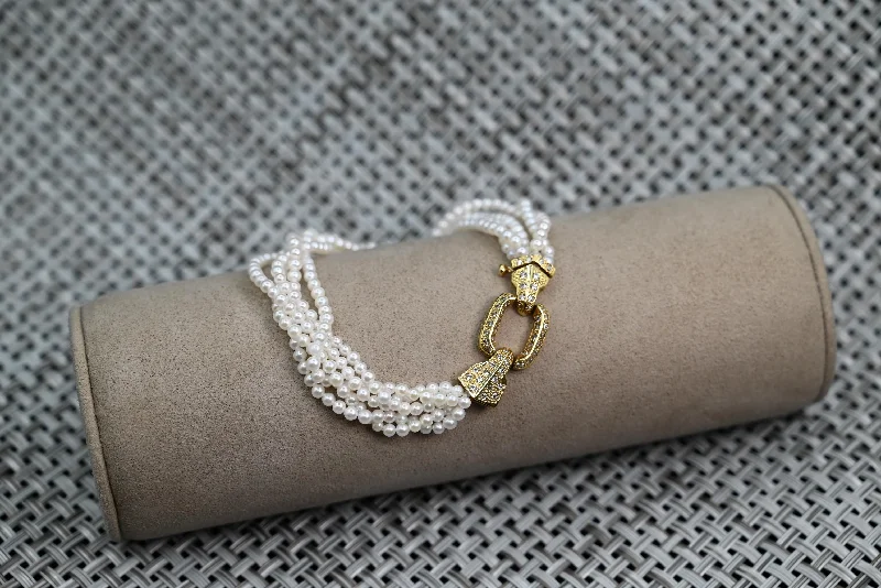 Stunning Customizable Birthstone Bracelets For Personalized Gifts-18k Yellow Gold and Diamond Fresh Water Cultured White Pearl Multi Strand Bracelet