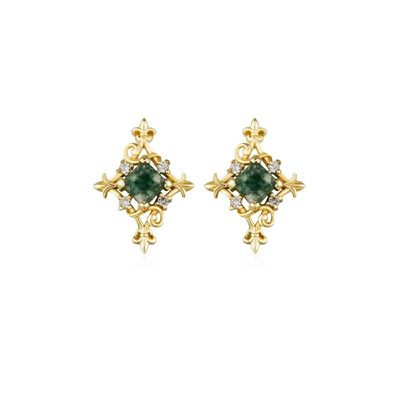 Stunning Drop Earrings For Special Occasions-Vine Diamond Moss Agate Studs (Yellow Gold)