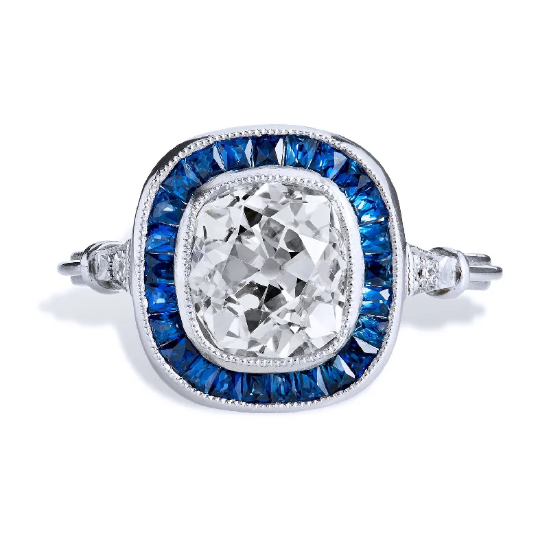 Elegant Wedding Rings For Special Occasions-1.96 Carat Old Mine Cushion Cut Diamond and Sapphire Engagement Ring