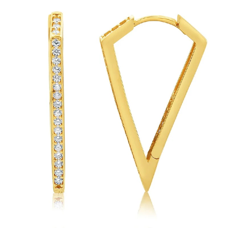 Elegant Long Earrings For Stylish Evenings-9ct Yellow Gold Cubic Zirconia On "V" Hoop Earrings